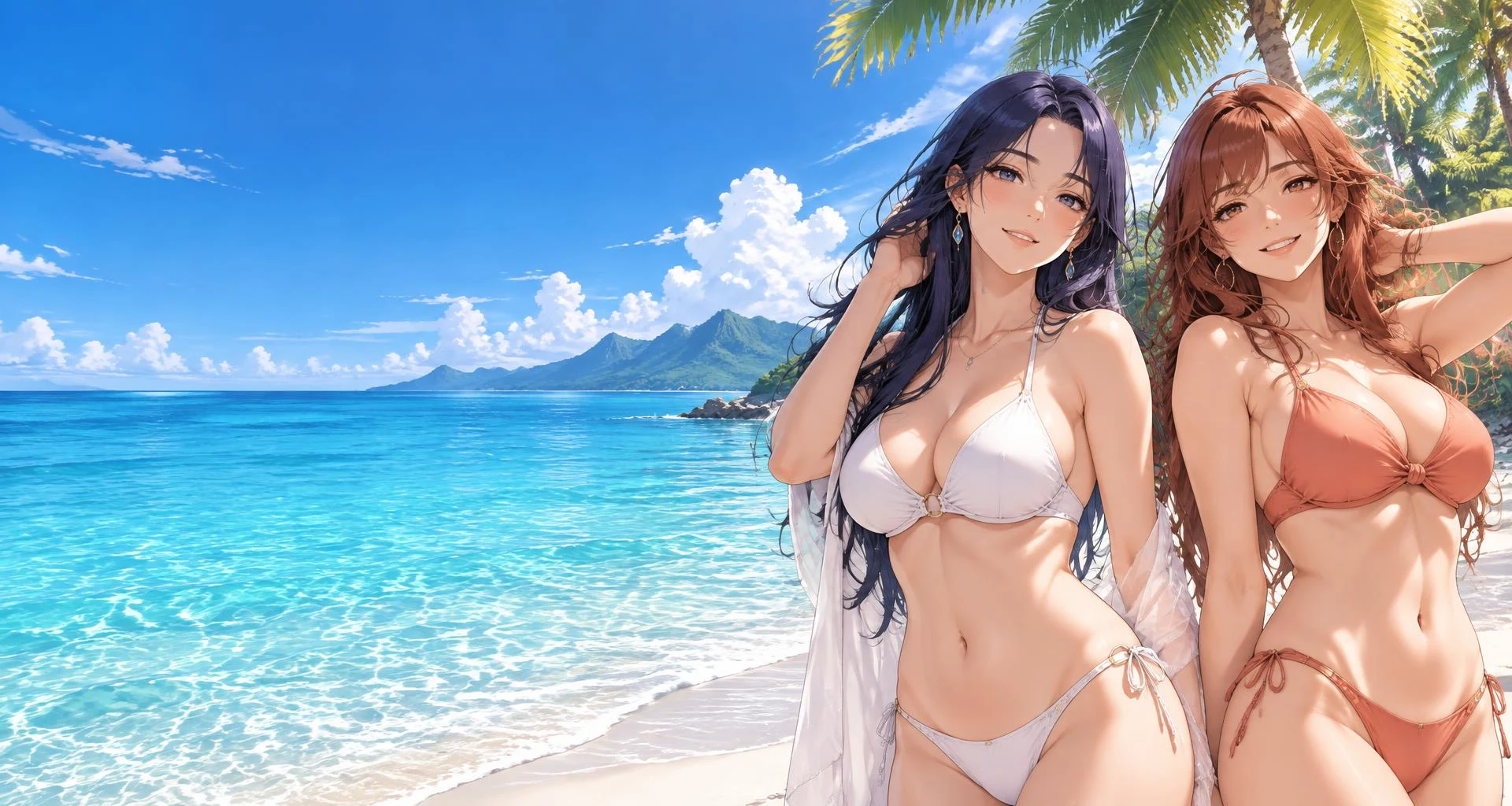 Two adult anime companions on a bright tropical beach with palms and turquoise sea