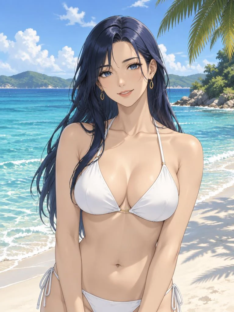 Luna — adult anime companion in a white swimsuit by the sea