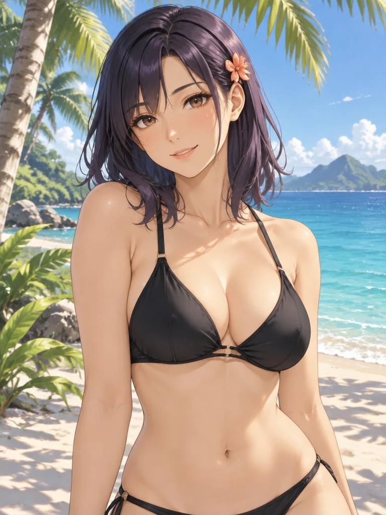 Nova — adult anime companion in a black swimsuit by the sea