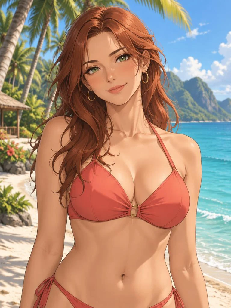 Sora — adult anime companion in a coral swimsuit by the sea